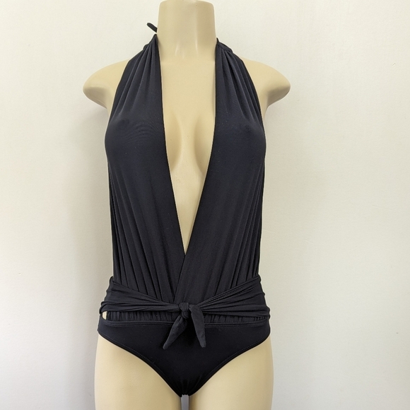 Carmen Marc Valvo Plunge Halter Tie One Piece Swimsuit - Picture 2 of 9